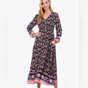 Boho Hippie Festive Dress V-Neck Casual Floral Print Pockets Slit Button Up